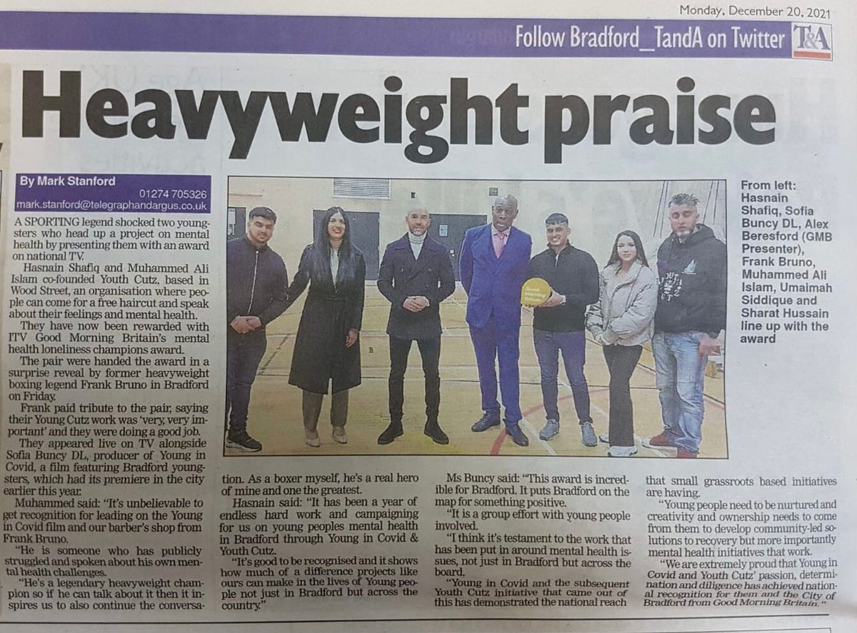 Great coverage from @Bradford_TandA on our visit from the legendary @frankbrunoboxer & @Young_in_covid & Youth Cutz award from @GMB for mental health & loneliness #1millionminutes