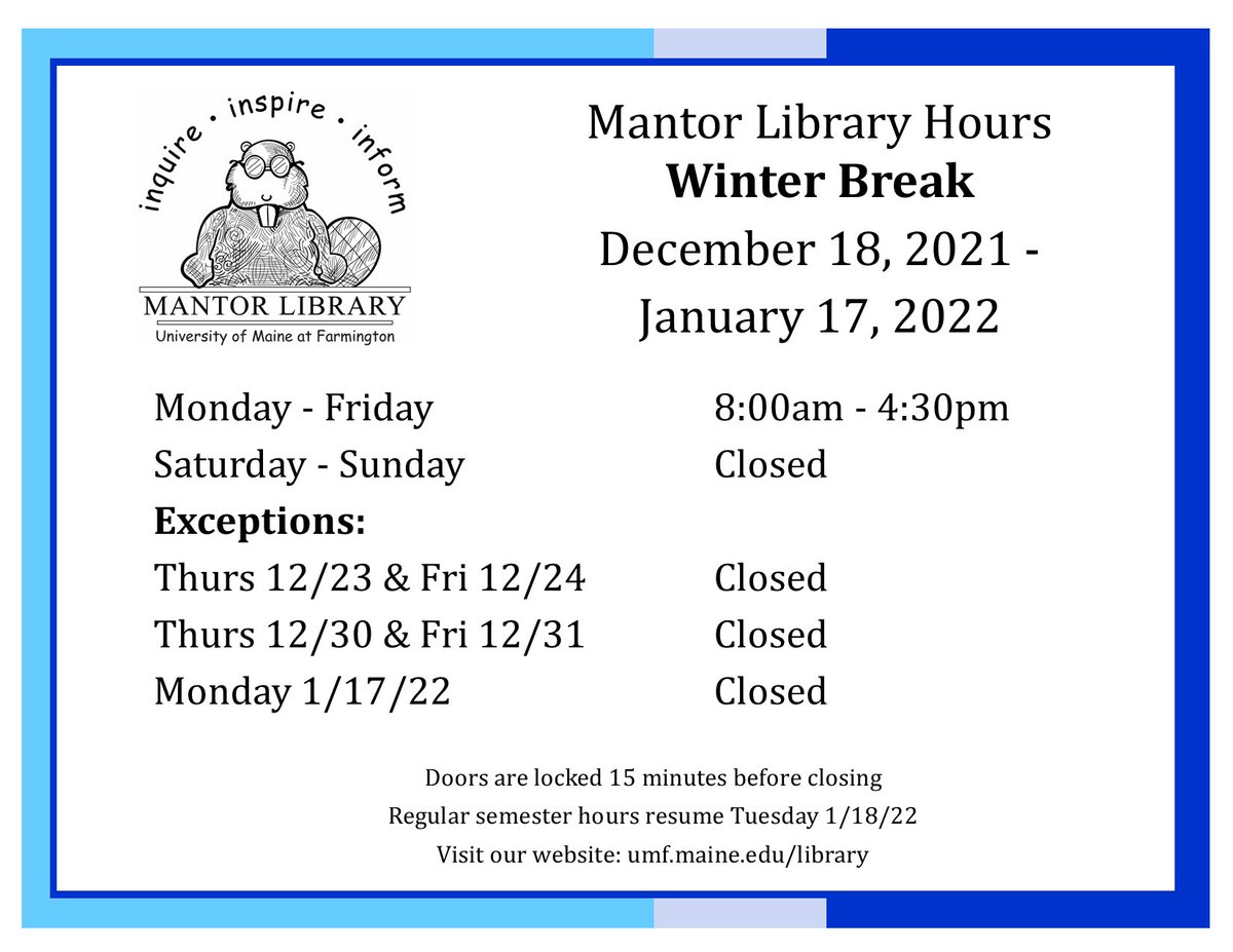 MantorLibrary's tweet photo. Updated: For the next 2 weeks we will be open Monday-Wednesday 8am-4:30pm, and closed Thursday-Sunday. We will be open Monday-Friday 8am-4:30pm starting in January (closed on weekends). Happy winter break! ☃️❄️ https://t.co/8gfwYMa5UL