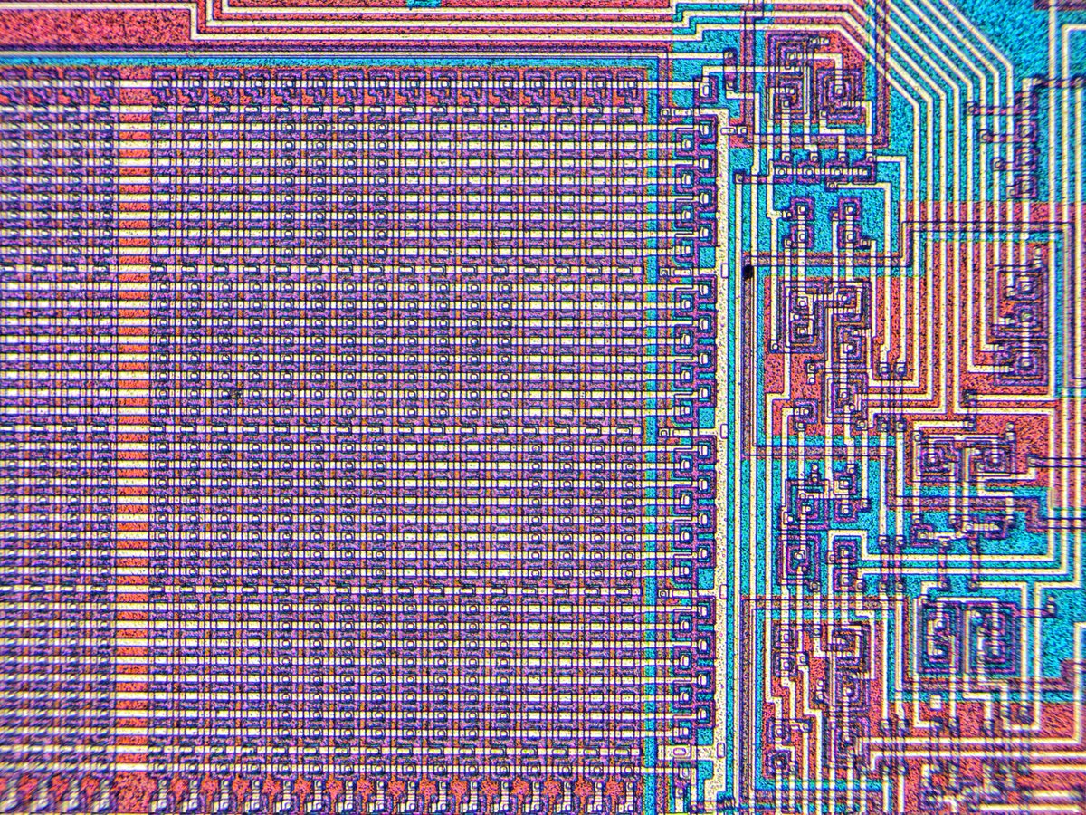 This chip reminds me of cotton candy 😋. I didn't find any datasheets or documents about what the part does. There are some interesting things like the patterns in the array-like structures.