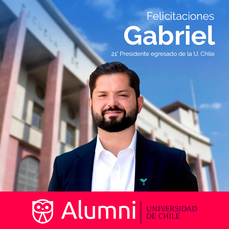Desde @UchileAlumni queremos felicitar a nuestro egresado @gabrielboric. El presidente electo de la República es egresado de <a href="/derechouchile/">Facultad de Derecho</a>, ex presidente de la FECH y del <a href="/ced_uchile/">CED</a>. Será el 21º Presidente salido de la U. de Chile y desde marzo de 2022 será su patrono.