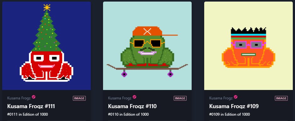 Kusama_Frogz's tweet photo. New Drop Kusama Frogz ๐ฅ๐๐ธ
๐Link - https://t.co/jzxsdd9m9r
@bitfalls @RmrkApp @kusamanetwork
#NFTCommunity #NFT #singular #Kusama #NFTKusama #NFTSingular #KusamaFrogz https://t.co/jsozVZvJI3