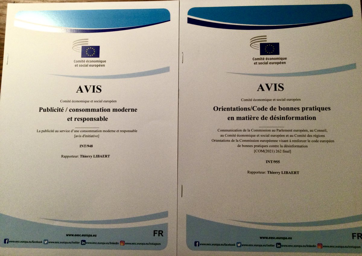 Thierrylt's tweet photo. Dernière réunion de l'année aujourd'hui au @EU_EESC
Malgré une situation catastrophique, j'ai le sentiment que nos travaux sont de ➕ en ➕pris en compte par l'🇪🇺
Petite contribution pour moi, 2⃣ avis sur la #Publicité et la #Désinformation . #EuropeAtWork #PFUE2022 https://t.co/ewmXtTf682