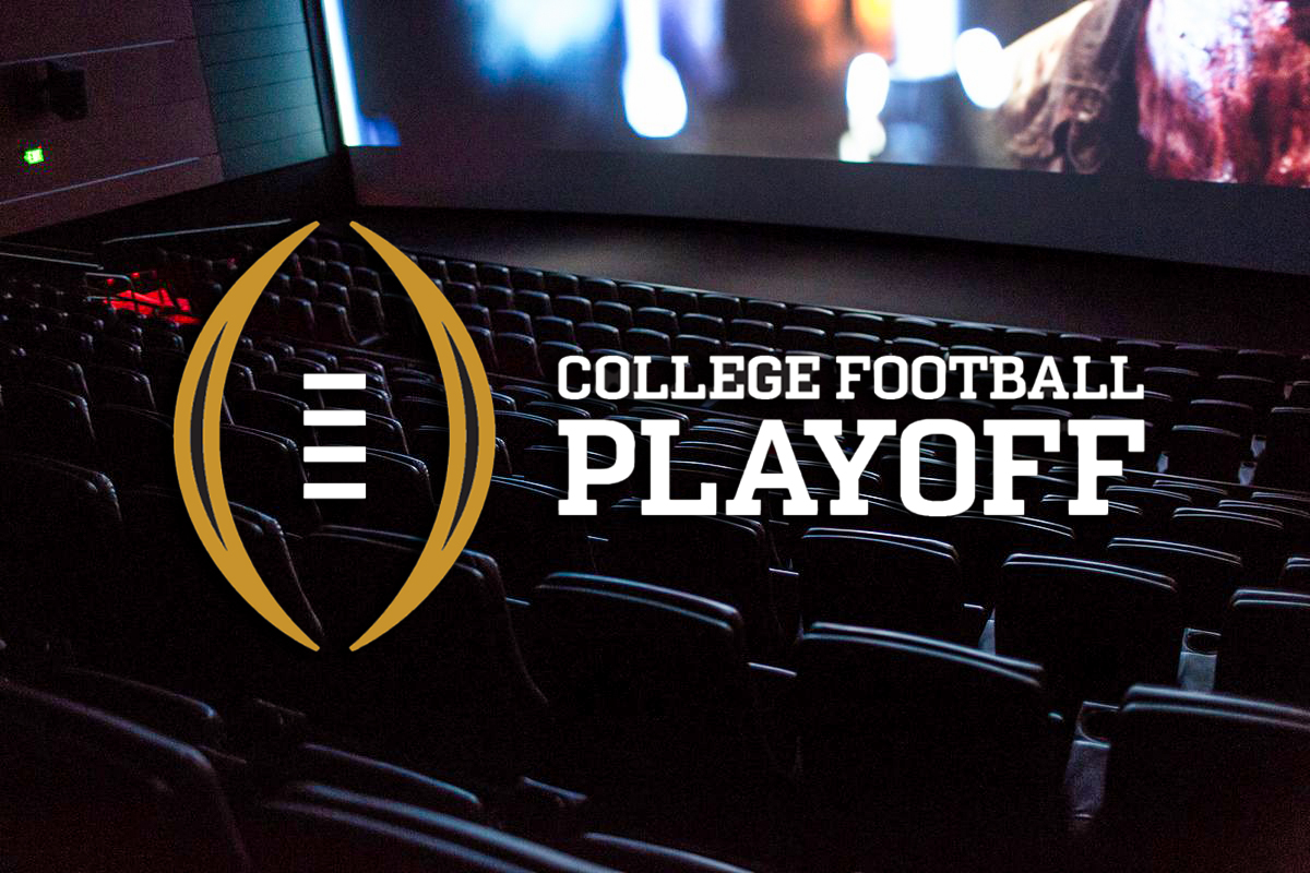 FOS's tweet photo. The College Football Playoff has announced a partnership with Cinemark Holdings, Inc.

All three of this season's CFP games will air at select theaters in 28 markets across the U.S. 🍿

Sales kickoff today, including a $10 concessions package. https://t.co/HAXQ2yRau4