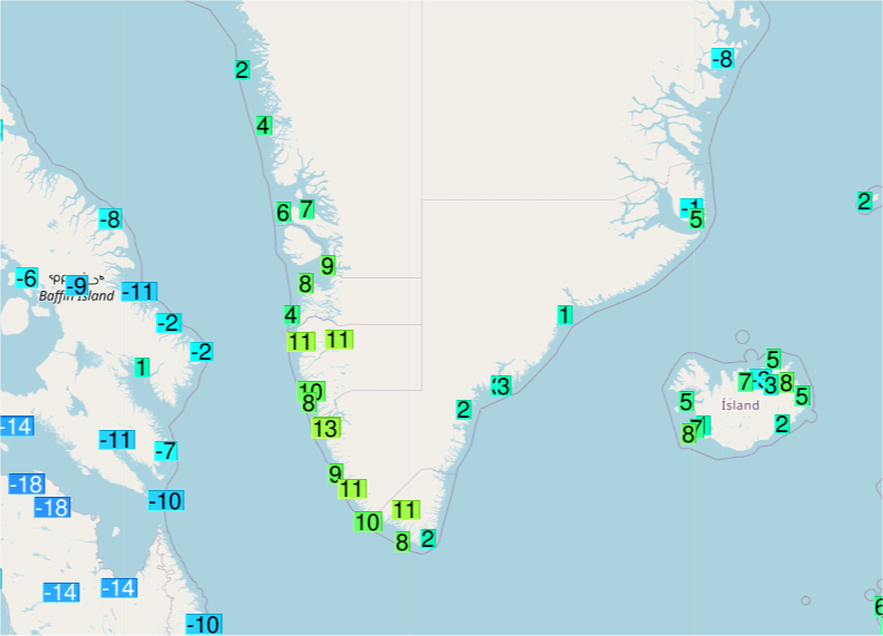 Douceur extrême au #Groenland (17/20°C au dessus des normales), sous l'effet d'un flux de sud-est impulsé par le blocage anticyclonique.
13°C à Nuuk, 11,4°C à Frederikshaab, 11,3°C à Sisimiut Mittarfia sur le sud-ouest du territoire. 