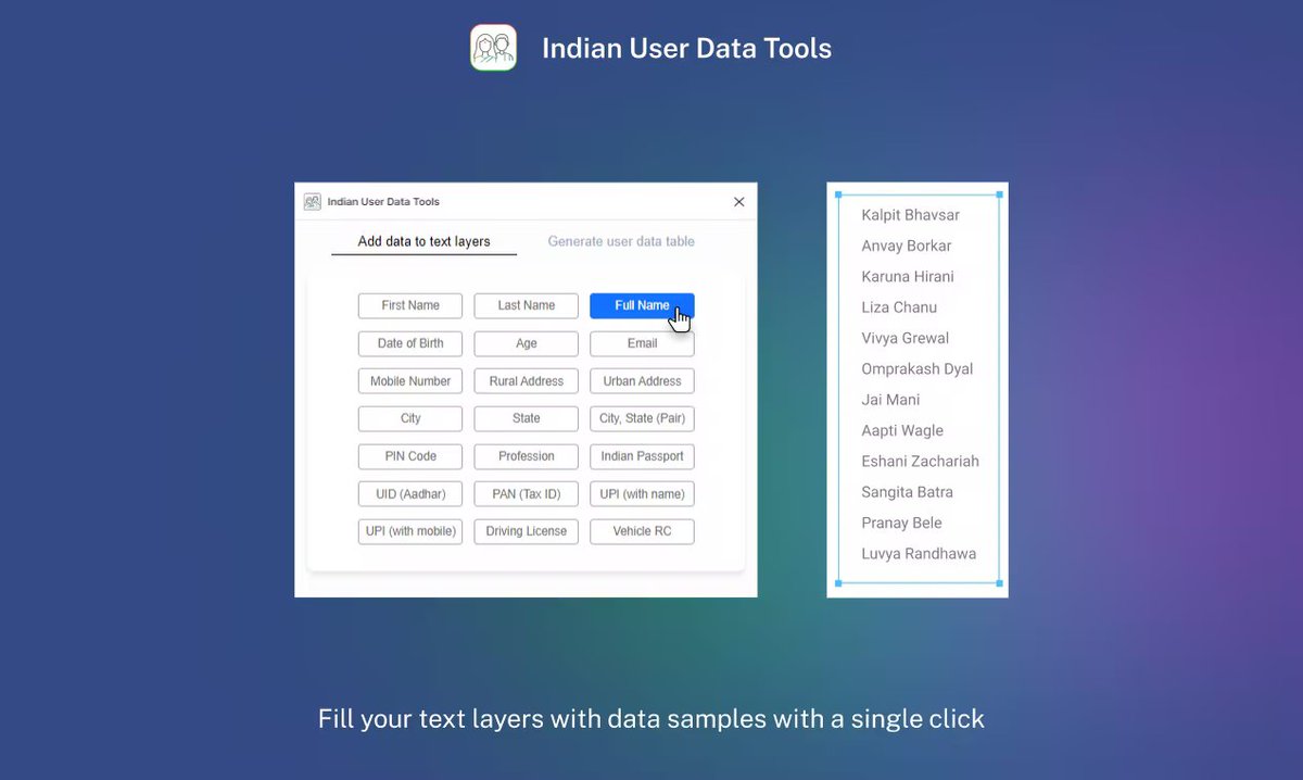 dharmeshba's tweet image. 'John Doe' as a placeholder for an Indian app UI is cringe maxxx!

@abhichirde's new @figmadesign  plugin helps you auto-fill layers with Indian sample data. 

What's more cool?! It allows you to generate random UPI addresses too. 

#DesignForIndia