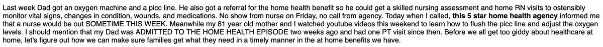 DavidCGrabowski's tweet image. Sharing the note below with permission from @daughterhood. It sums up disconnect between what we all want (care at home) and what is all-too-often delivered. I appreciate staffing shortfalls, but stories like this make me more skeptical regarding "healthcare at home" models.