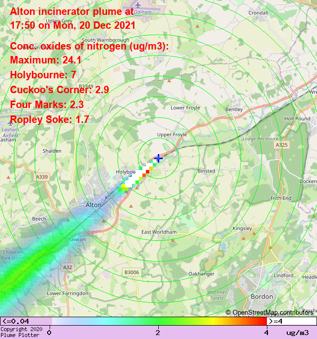 plumeplotter's tweet photo. Latest Alton incinerator plume plot, 17:50 20/12/21 #Holybourne #CuckoosCorner #FourMarks https://t.co/VMzYTwGnPN https://t.co/jfKe3zxkb0