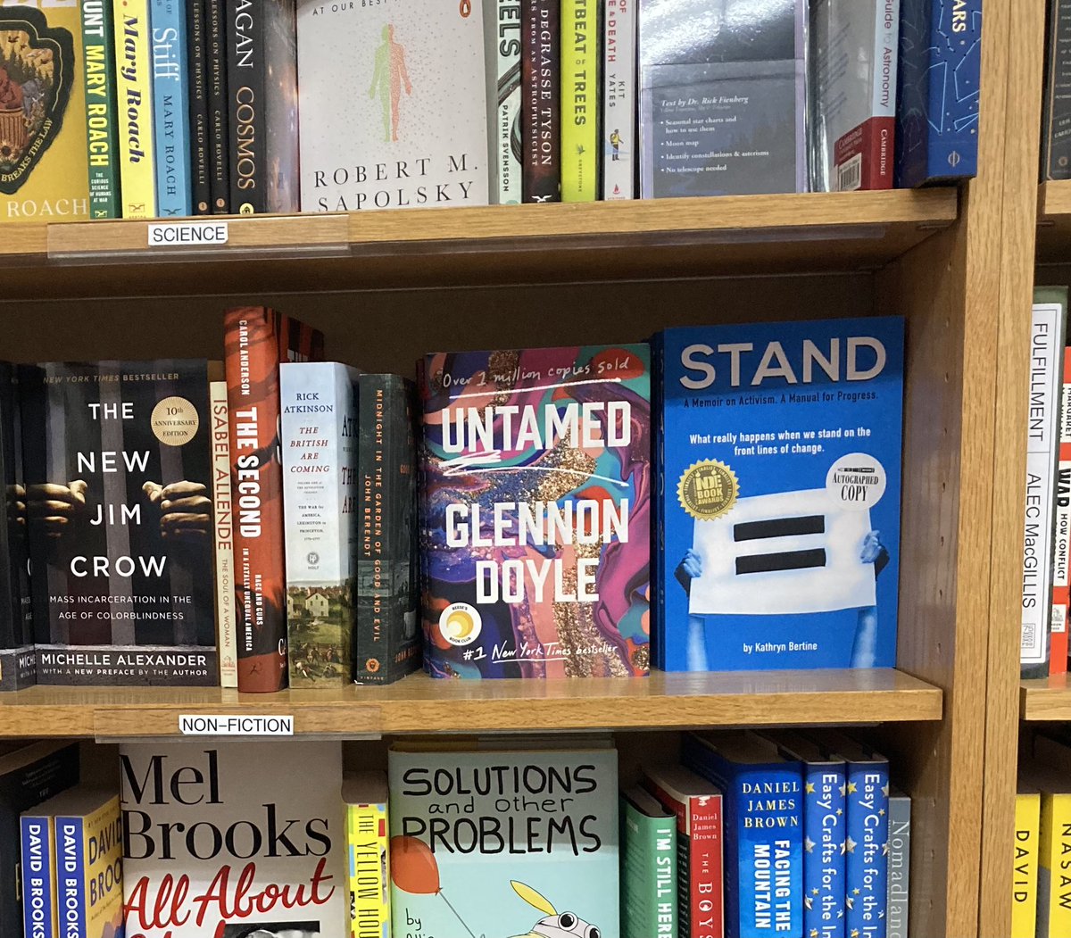 KathrynBertine's tweet photo. When your book gets shelved next to @GlennonDoyle. ❤️🥰📚 Bookstores are the best. Especially indie ones. Thank you #mostlybooks in Tucson. And thank you, Glennon, for inspiring/lifting fellow women. We can indeed do hard things. #untamed #TeamSTAND https://t.co/4MsXeqkJGf