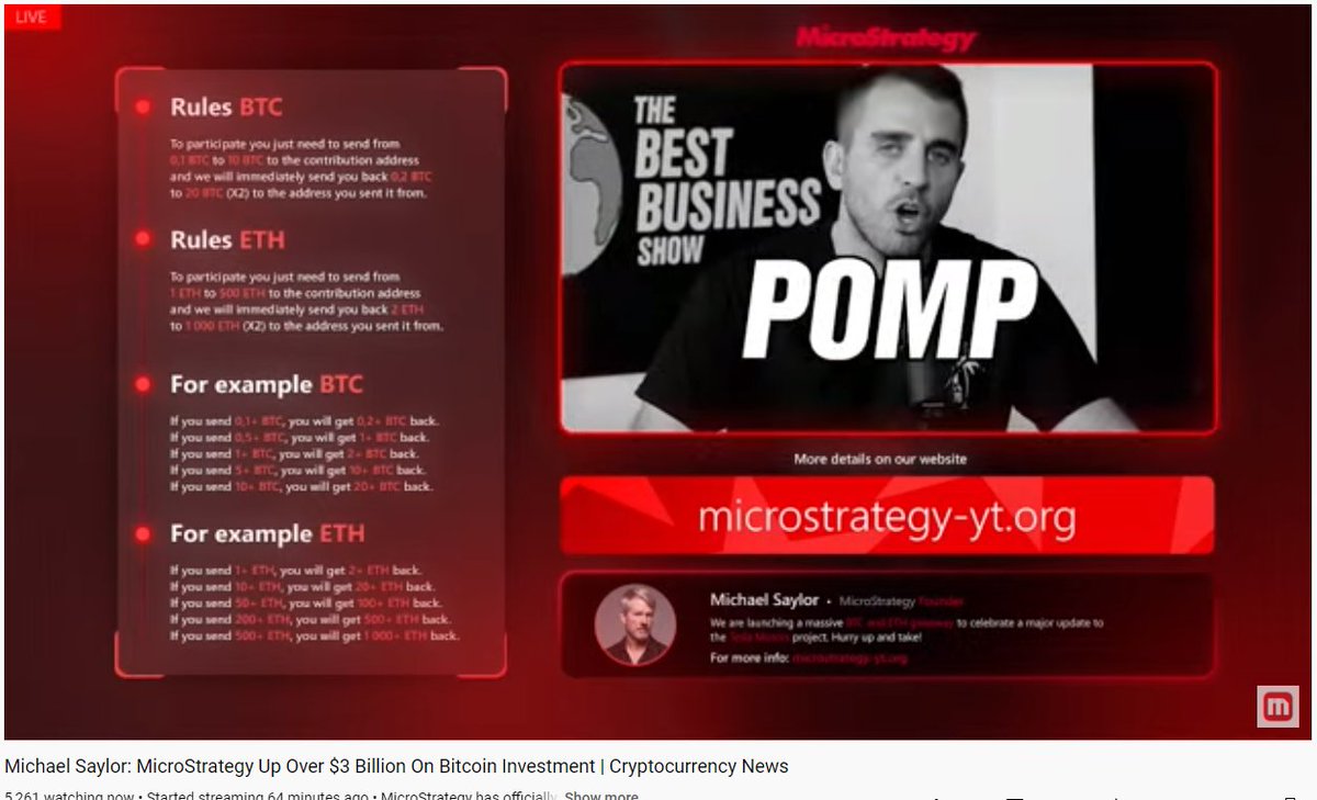 VarriorCrypto's tweet photo. A screenshot of the fake stream, finally taken down. Was up for about 5 minutes. Don't visit that URL!!! https://t.co/jRJmmjBpok