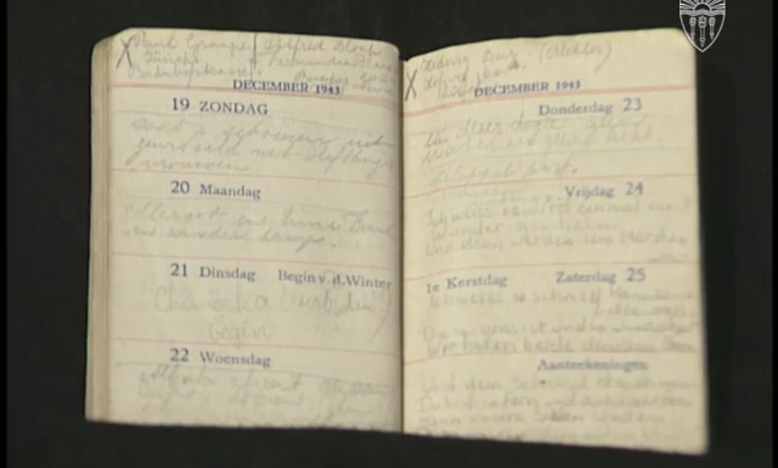 OTD in 1944 My Aunt Ruth and my Mum spots Ruth’s school friend Margot Frank and her sister Anne through the wire at Bergen Belsen. She writes it down in the little diary she had won in a competition and kept with her when she was arrested.