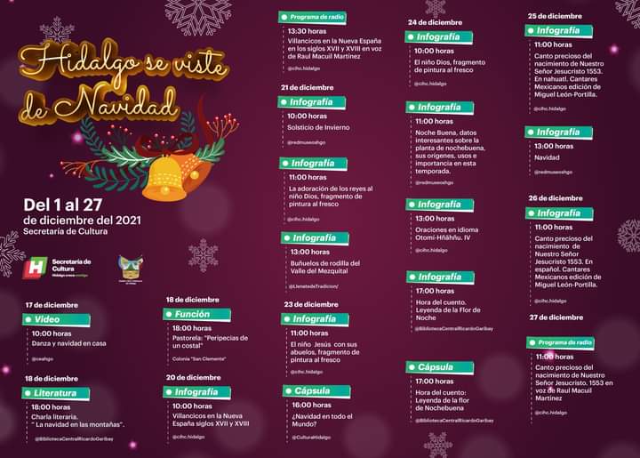 gobiernohidalgo's tweet image. Te invitamos a disfrutar de las actividades que hemos preparado para ti en esta #NavidadHidalgo 🌲🎁. Acompáñanos en familia aplicando todas las medidas sanitarias.

Sigue la programación en: cultura.hidalgo.gob.mx/hidalgo-se-vis…