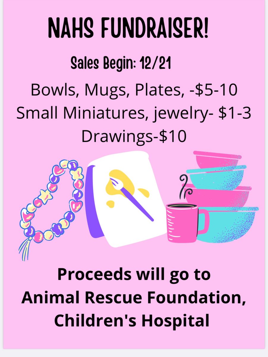 National Art Honor Society will be selling homemade bowls, jewelry, and small drawings outside the cafe tomorrow  during lunch waves. All proceeds will go the Animal Rescue Foundation or Connecticut Children’s hospital. #chsnahs
