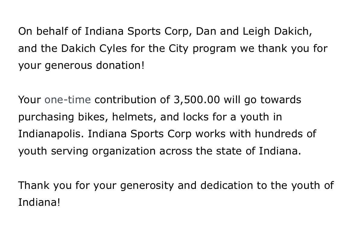 <a href="/dandakich/">Dan Dakich</a> my <a href="/PrimeComms/">Prime</a> Midwest team and I held a drive all month for your bike group and just submitted our efforts for a total of 20 bikes for the kids! We had a blast doing this and look forward to driving it even harder next year! Happy holidays!