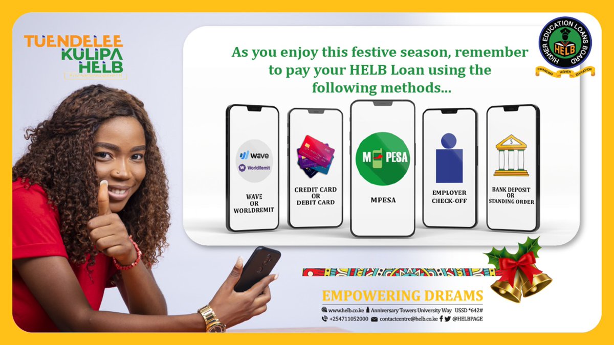 HELBpage's tweet image. Help us empower another dream by repaying your loan on time. Visit helb.co.ke/repayloan/ and use the various payment options at your disposal. 

#TuendeleeKulipaHELB