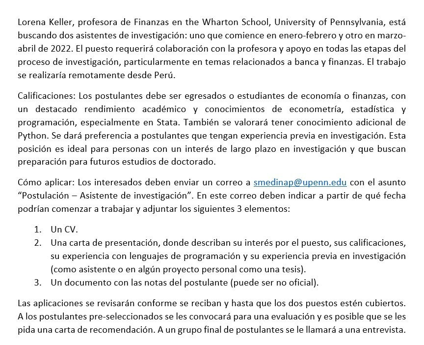 econ_jobs_peru's tweet photo. Asistentes de Investigación - Wharton School, UPenn

- Trabajo remoto desde Perú.
- Temas relacionados a banca y finanzas.
- Ideal para personas con interés de largo plazo en investigación y estudios de doctorado. https://t.co/68IlWcfri0