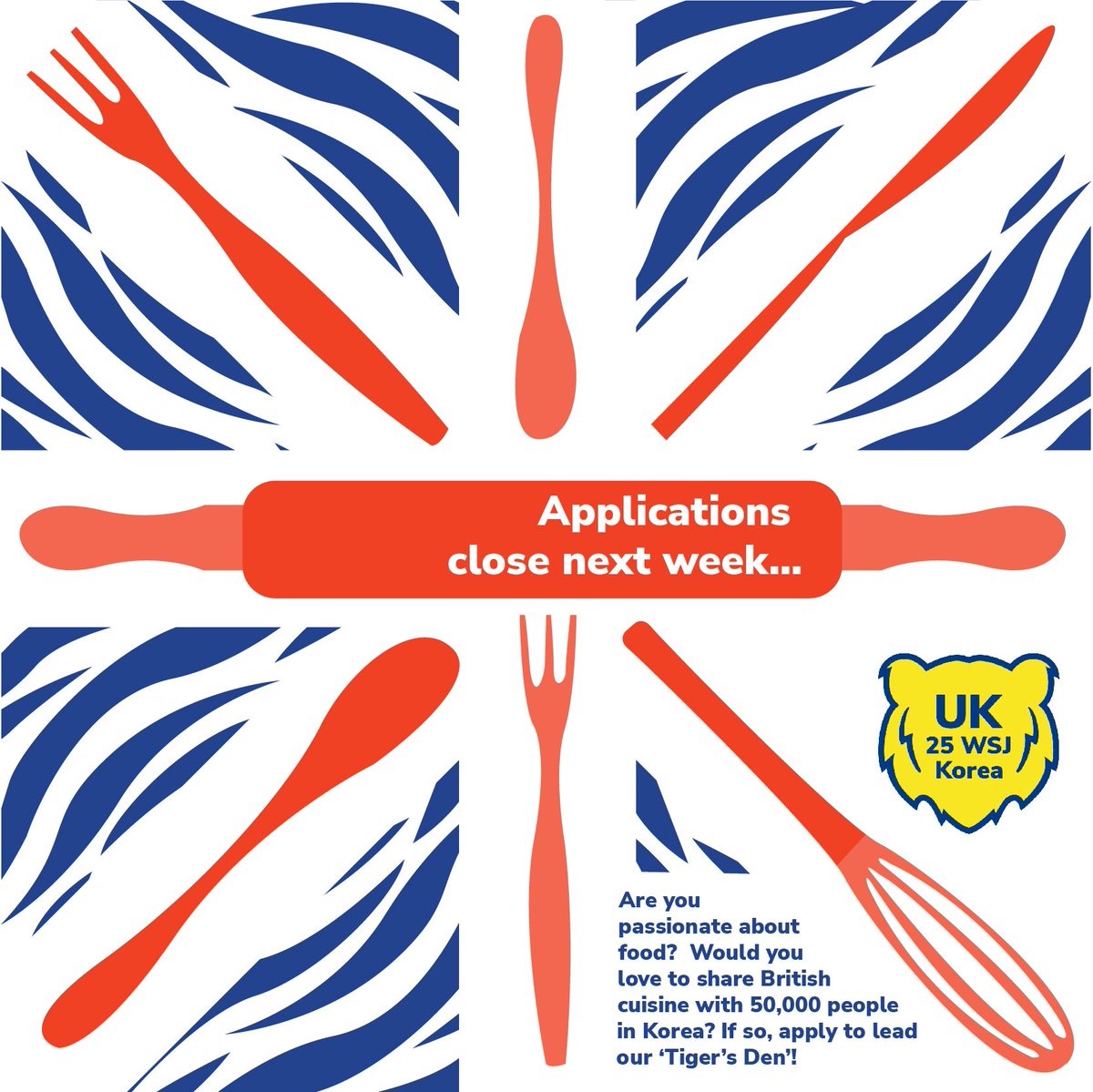 Be brave, be bold, act now 🐯 Apply for the role of UK Contingent Food House Lead!

The lead volunteer will design &amp; spearhead the vision for the 🇬🇧 Food House <a href="/2023wsjkorea/">25th WSJ</a>
Applications by Friday 31 December. Info: bit.ly/3ImaQuL

#DreamWild #UK25WSJ #DrawYourDream