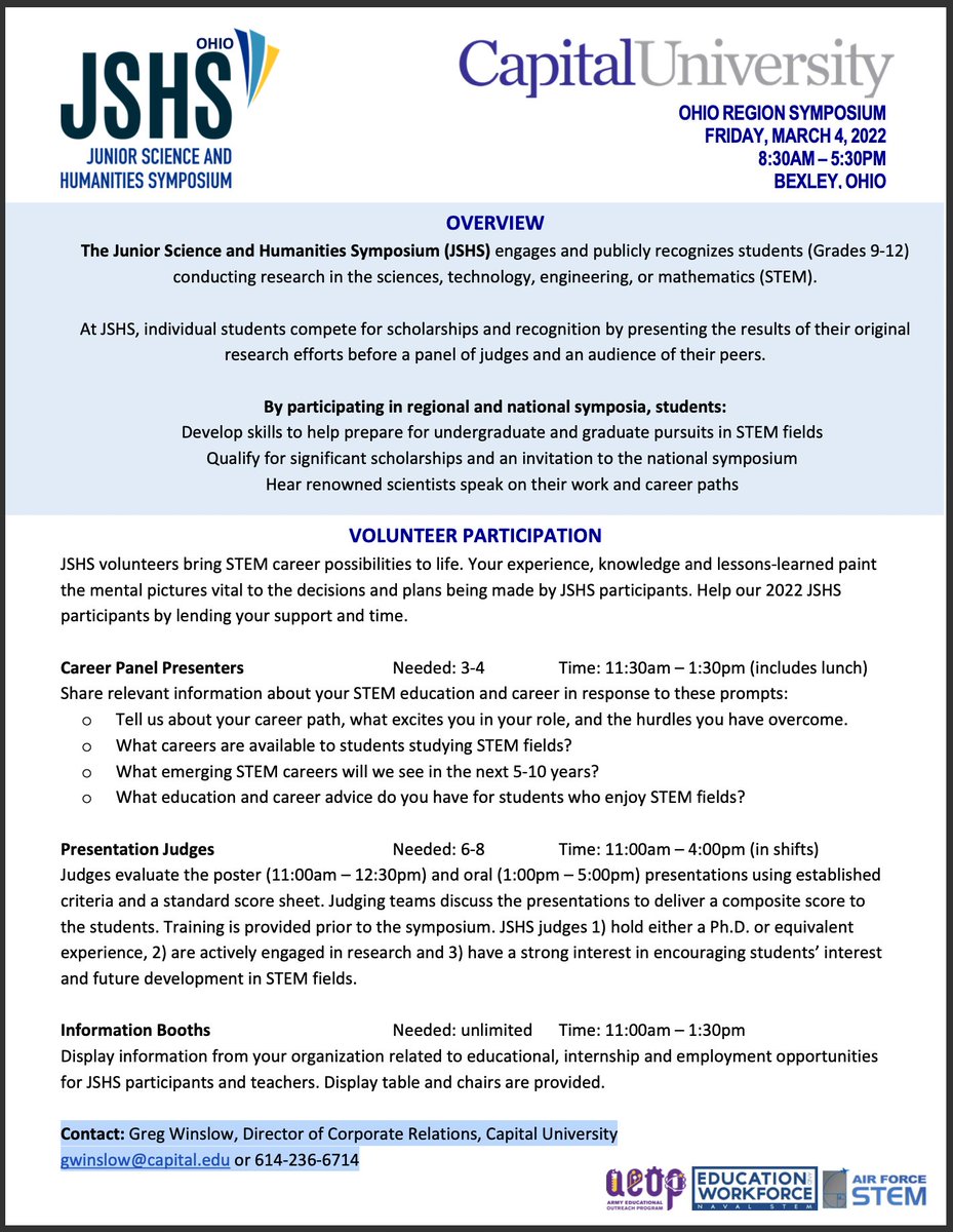 Registration is now open for the 59th Ohio Regional Junior Science and Humanities Symposium (JSHS) to be held at Capital University on 3/4/2022 and volunteers are welcome (and needed)!

Contact: Greg Winslow, Dir. of Corp. Rel., C gwinslow@capital.edu or 614-236-6714