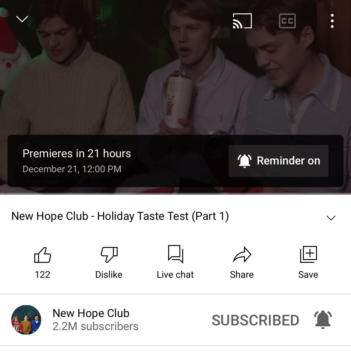 NewHopeClubNYC's tweet photo. Don’t forget to subscribe &amp; set a reminder for part one of their Holiday Taste Test video! 🎄🎄

Comes out December 21st, 12PM EST!
https://t.co/AGL2rQrYAz
@NewHopeClub @NewHopeBlake @NewHopeGeorge @NewHopeReece https://t.co/B8jw3o0ijX