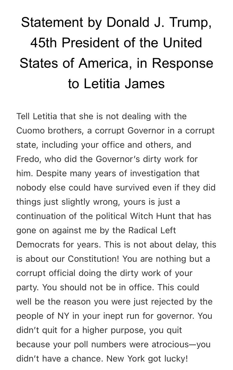 RSBNetwork's tweet photo. Statement by Donald J. Trump, 45th President of the United States of America, in Response to Letitia James https://t.co/IIYn4FxGWc