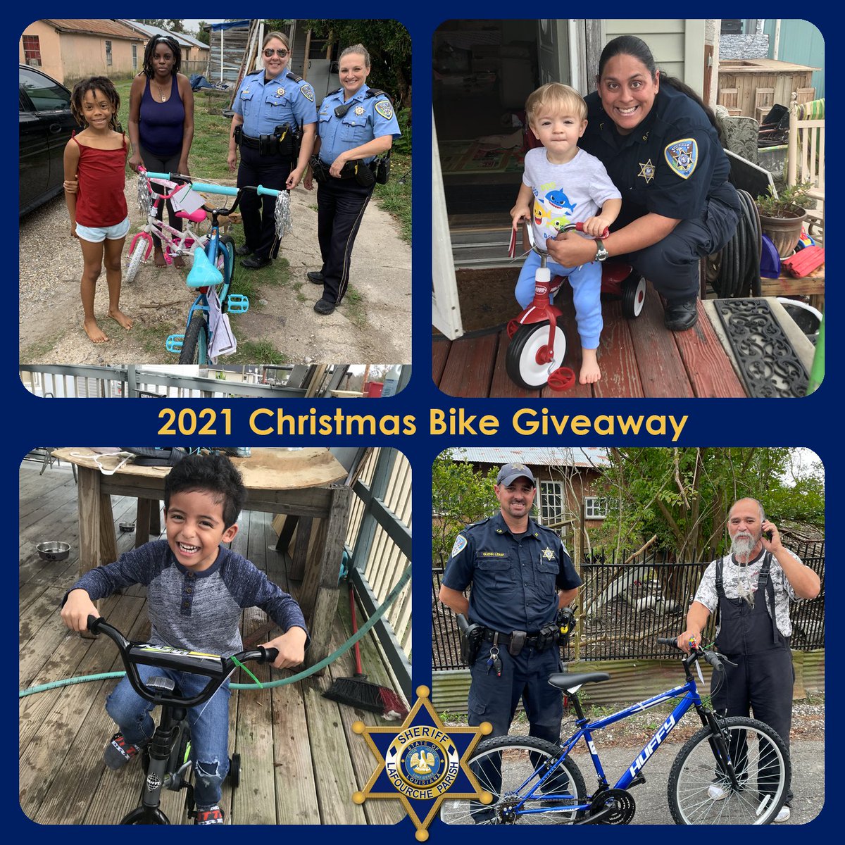 LafourcheSO's tweet photo. Here are a few smiling faces from our 2021 Christmas Bike Giveaway! Thanks to our partners at @BYHNonprofit and Here for helping make Christmas wishes come true for over 100 children in need in Lafourche Parish! #IdaRecovery https://t.co/7FV06N8PUu