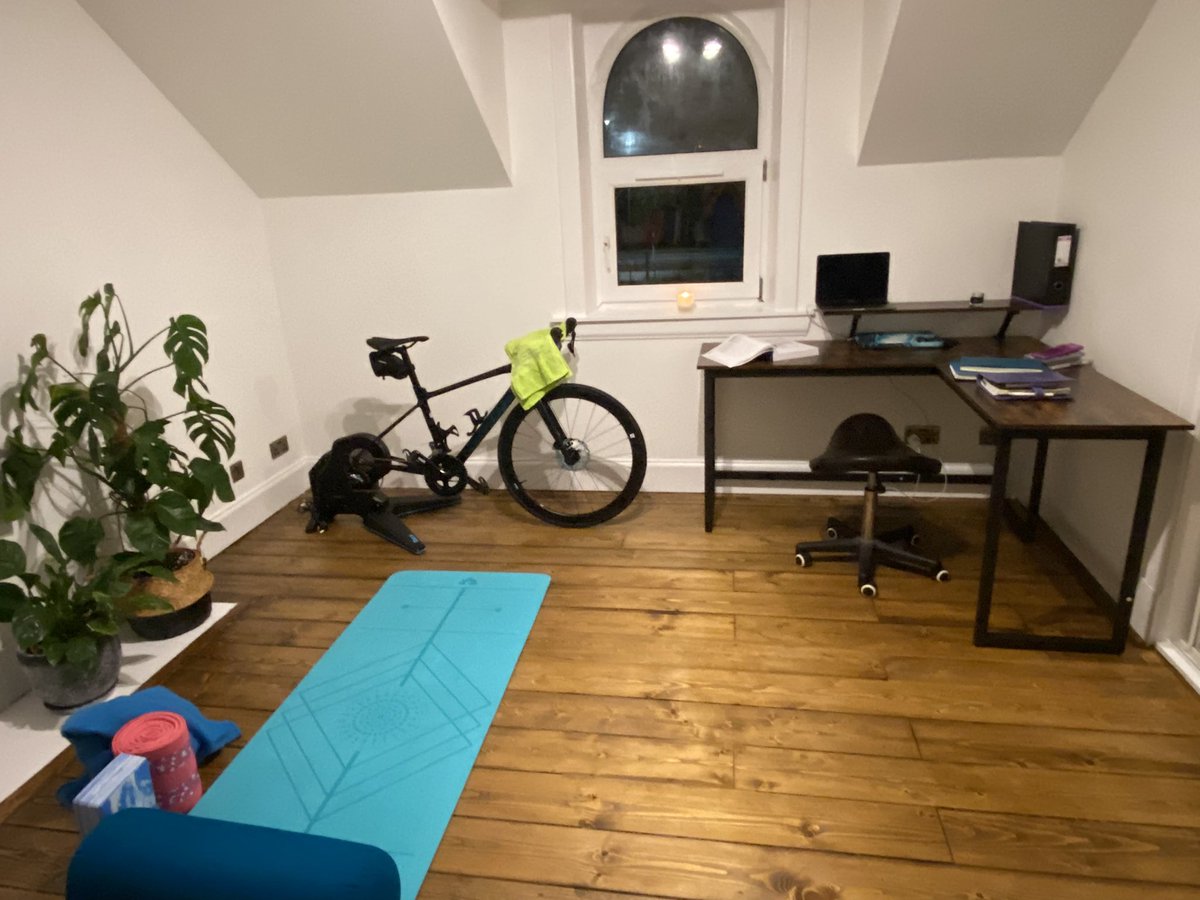 lmykane's tweet photo. Winter training/revision space finished and looking awesome!! Will have a few days off before I start 🤣🤣🤣 #frcemfinal #xtrisolopointfive #lahti70.3 #heartspaceyoga https://t.co/ctSomehfPD