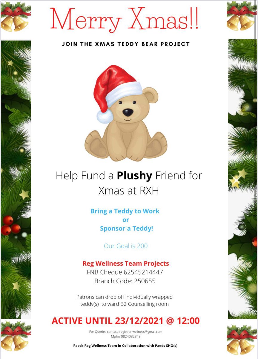 The junior doctors at Red Cross Children’s Hospital are trying to get enough teddy bears for all the kids that will in hospital this week. 
Please help if you can