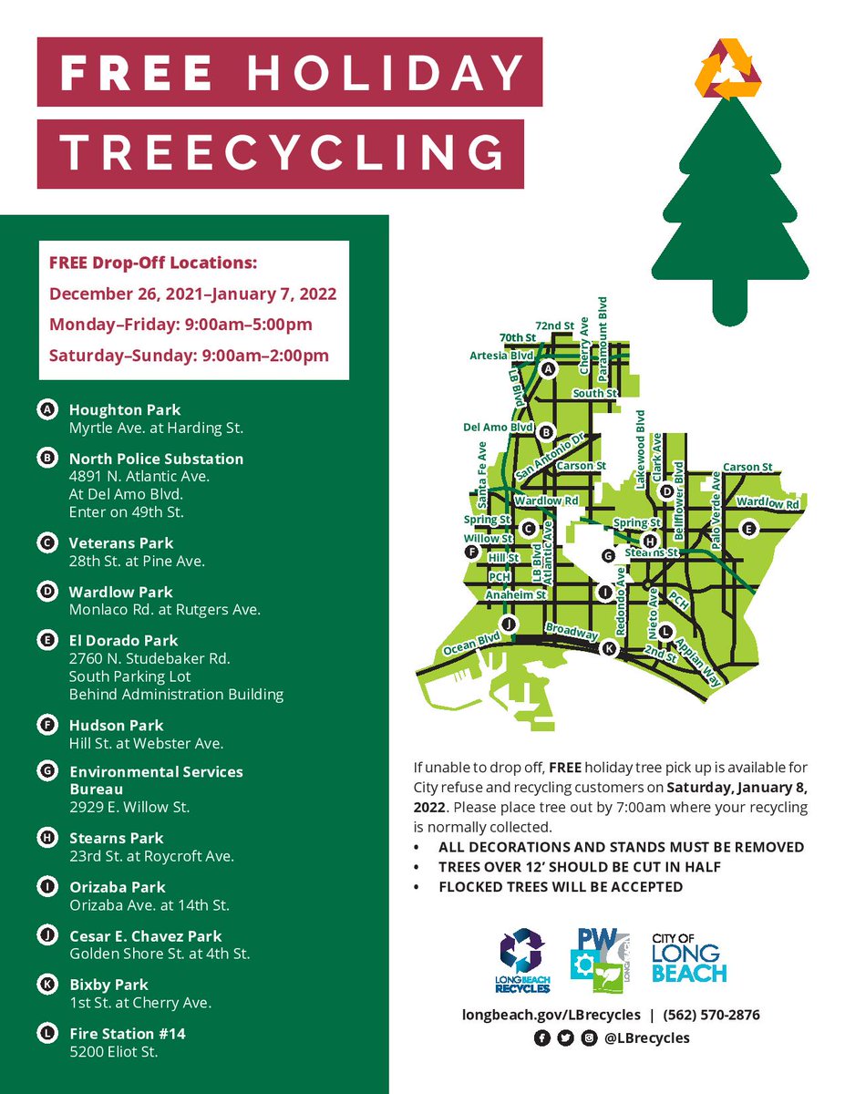AsmPatODonnell's tweet photo. Here is some timely information on how, when &amp; where to #recycle your Christmas tree. The City of #LongBeach will have 12 free drop-off sites from Dec. 26 to Jan. 7. Tree pickup is also available. 🎄♻️ info here. https://t.co/gVVELBkGAR
@lbrecycles #treerecycle
#xmastreerecycle https://t.co/6ykmbb1cRm