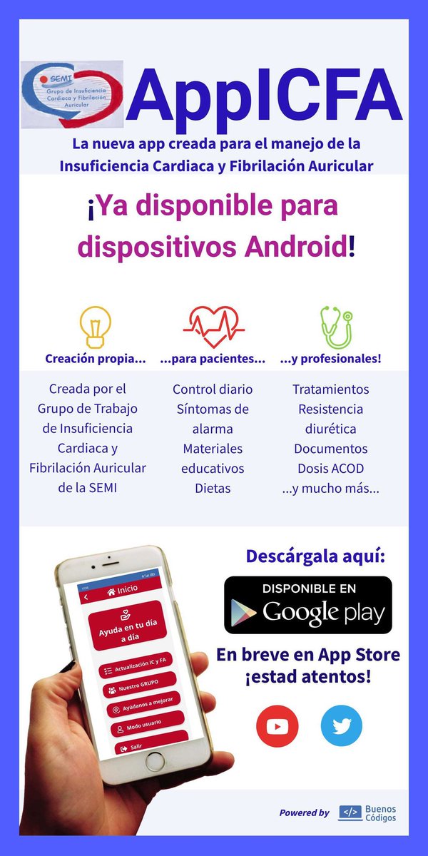 Ya está disponible para su descarga en Google Play AppICFA,
 ¡tu app para el manejo de la Insuficiencia Cardiaca y Fibrilación Auricular!
Gratuita y muy útil para médicos, enfermeras y pacientes!
Con los protocolos y recomendaciones del grupo de IC Y FA de la <a href="/Sociedad_SEMI/">#46SEMI Sociedad Española de Medicina Interna</a>