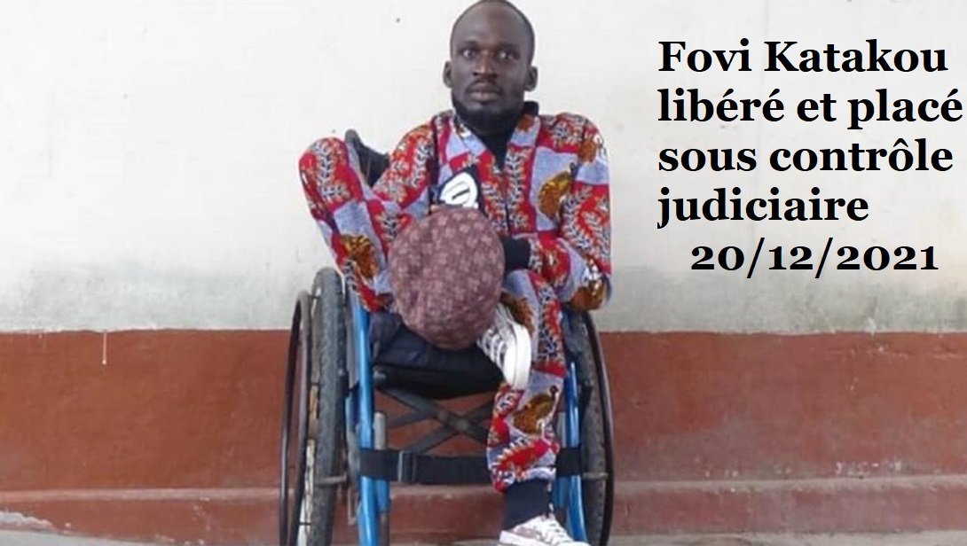 #Togo: L'activiste handicapé <a href="/KatakouFovi/">Fovi Katakou</a>  libéré ce lundi 20/12/2021 mais placé sous controle judiciaire. Il etait detenu depuis une dizaine jours pour "apologie de crime" en appelant le peuple et l'armée à prendre leur responsabilité. #Tginfo #Team228 #TgTwittos