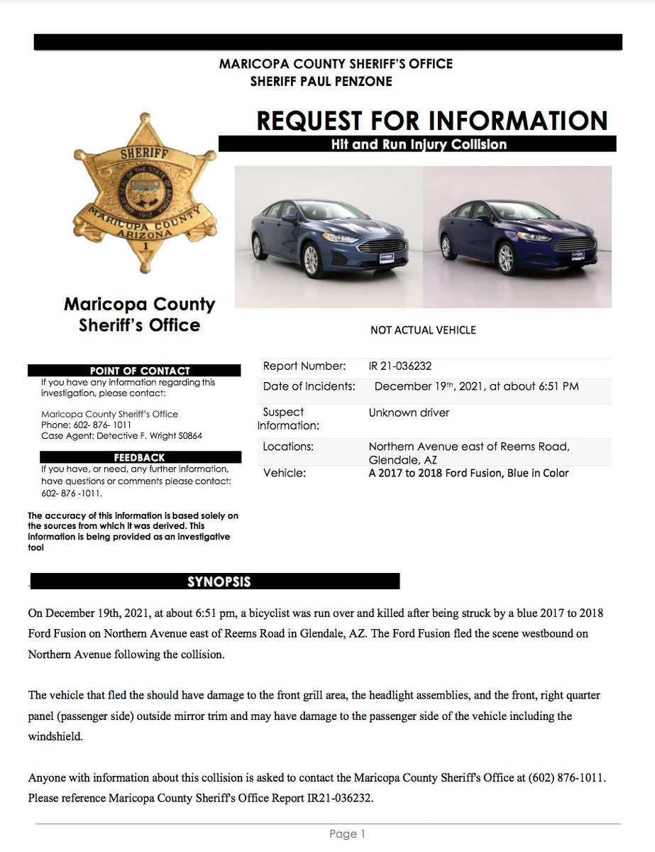 MCSOAZ's tweet photo. MCSO is asking the public’s help on identifying and locating a vehicle and driver that was involved in a hit &amp; run collision on 12-19-21 in Glendale. If you are able to identify the vehicle or its owner, please contact MCSO at 602-876-1011. Please reference report # IR 21-036232. https://t.co/7JJcn4XRb9