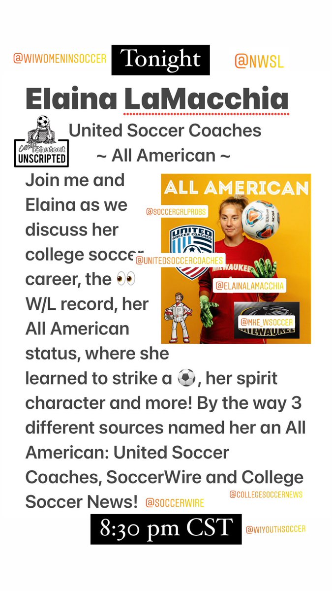 CampShutout's tweet photo. TONIGHT @ 8:30 pm CST … ⚽️ All American Elaina LaMacchia (@e_lamacchia17) on #ShutoutUnscripted.  Talking about her gaudy college success, her spirit character and more! #DukeCaboom /// @NCAASoccer /// @SoccerGrlProbs /// @goalkeeperHOF /// @SoccerGrlProbs /// @SCWAVEROC https://t.co/hYZ22Skt6h