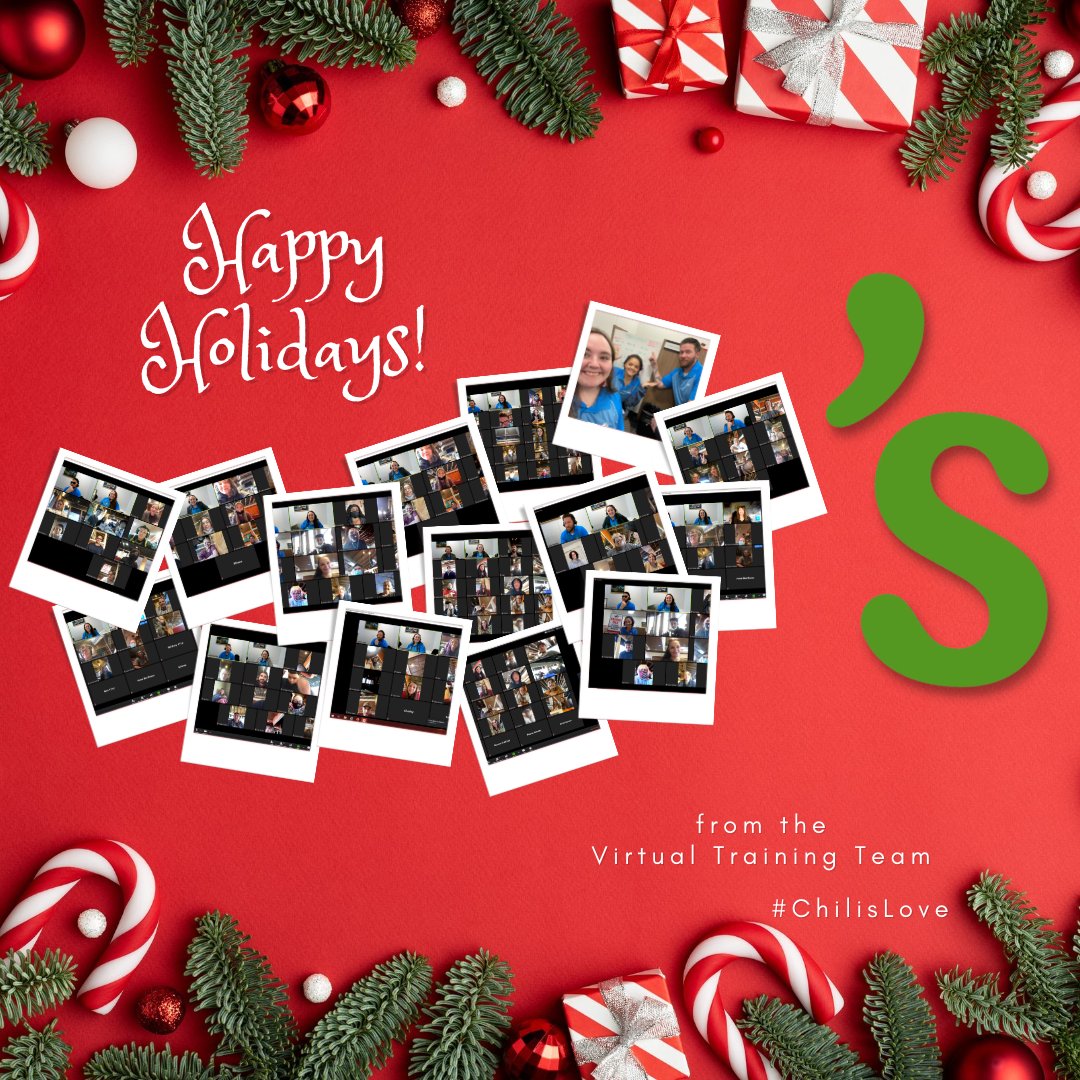 chilislovin's tweet image. Happy Holidays from all of us here on the #VirtualFirstDay training team at @chilis! This year has been so much fun getting to know brand new Chiliheads from across the country, we can't wait for what the new year will bring! We hope you feel the #ChilisLove this season! 💖🌶️