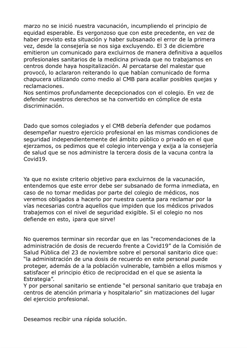 LarreaDoc's tweet photo. ¿Para cuándo la tercera dosis a los profesionales sanitarios de la medicina privada? Ayer remitimos al Colegio de Médicos de Bizkaia esta carta. Hoy esperando la respuesta. ¿Llegará?
¿Por qué esta discriminación a la sanidad privada?
@cmbizkaia @GSagardui @osakidetzaEJGV https://t.co/W8ePzxNxHs