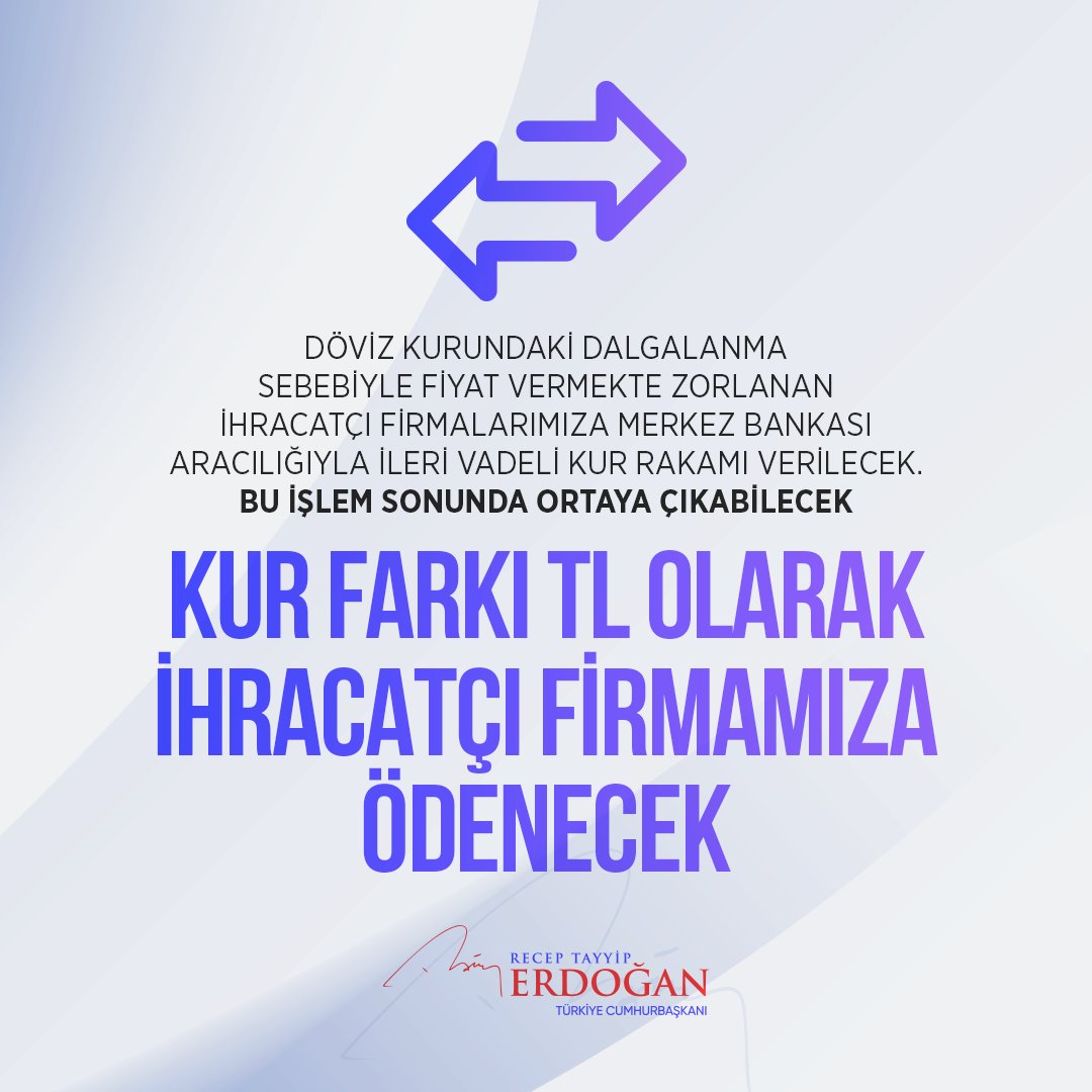 Bir müjdemiz de ihracatçılarımıza...

Döviz kurundaki dalgalanma sebebiyle fiyat vermekte zorlanan ihracatçı firmalarımıza ortaya çıkabilecek kur farkı Türk Lirası olarak ödenecek.