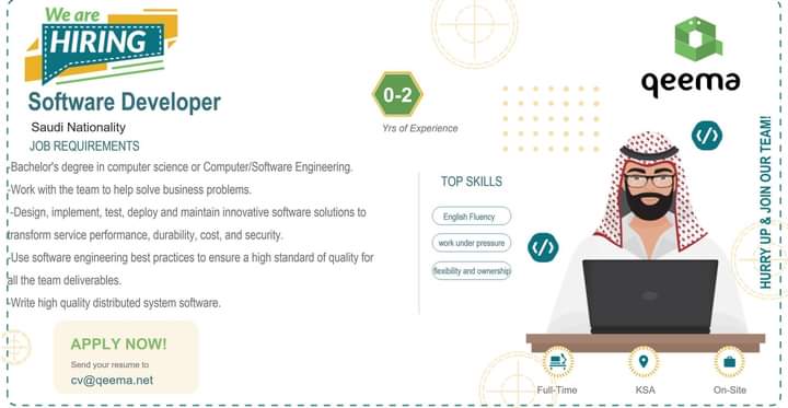Qeema_1's tweet photo. Qeema is hiring  "Saudi" Software Developer.
To apply for this opportunity, send your resume to cv@qeema.net
#Qeema #KSA #job #Hiring #Opportunity #Softwaredeveloper https://t.co/D6o84ImeDv