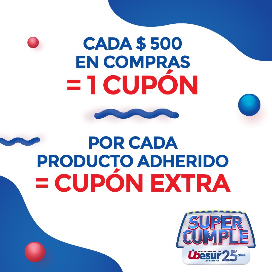 Participá de la Promo ¡SUPER CUMPLE! 🎁 🎉 Generás cupones con tus compras en los Super de Ubesur.
🏷Cada $ 500 = 1 cupón 
🏷 Por cada producto adherido = 1 cupón ¡Sorteos todas las semanas! #promoción #sorteosuruguay #premios #ubesur #supermercadosuruguayos #aniversario #25años