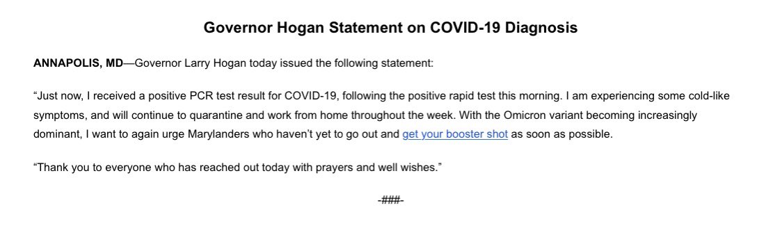 Katie_Misuraca's tweet image. Update: @GovLarryHogan PCR test result has come back positive. Hogan announced earlier today that his rapid test came back positive. #COVID19 

“I am experiencing some cold-like symptoms, and will continue to quarantine and work from home.” @WDVMTV #LocalDVM