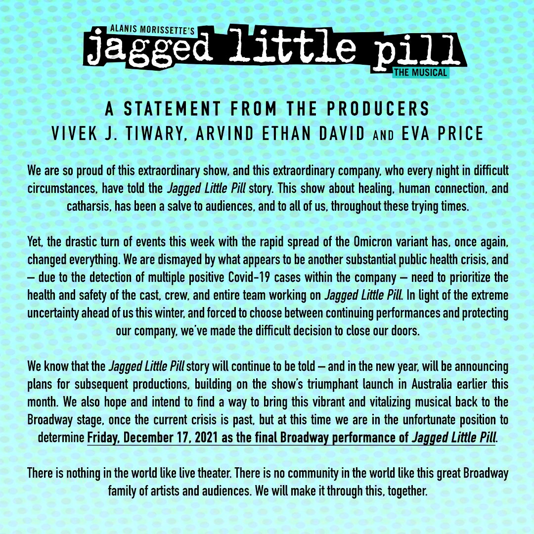 jaggedmusical's tweet photo. JAGGED LITTLE PILL played its final Broadway performance on December 17, 2021. For the tremendous honor and privilege of sharing this incredible experience - thank u. 💙 https://t.co/oTyW5fIHqW