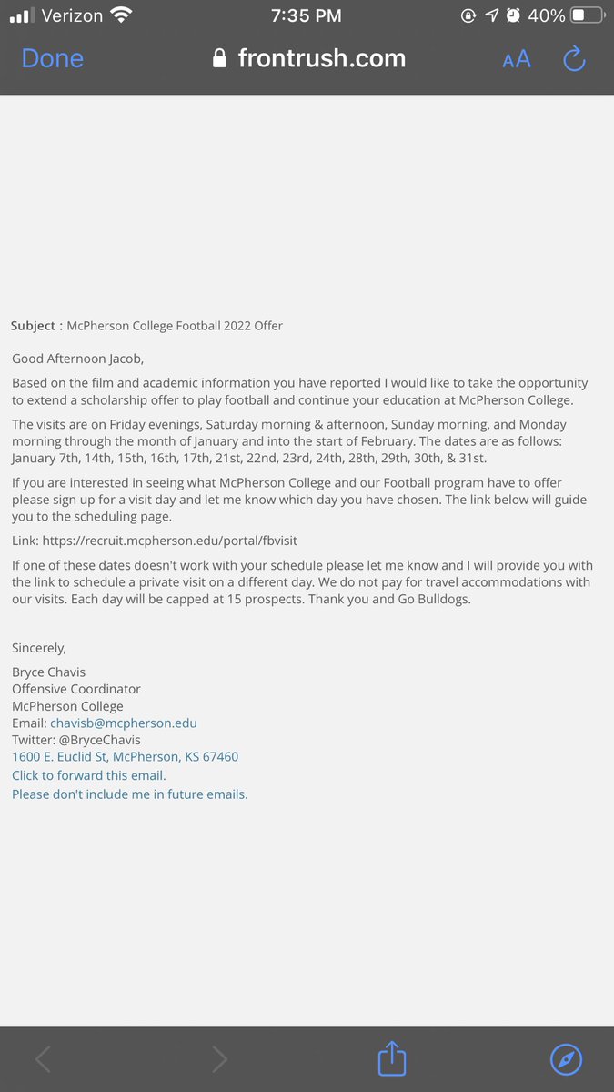 Blessed to receive my second offer from McPherson College . I’d like to give the honor and glory to god, Thank you to all my coaches and everyone who believed in me and helped along the way. <a href="/BryceChavis/">Bryce Chavis</a> <a href="/MACBulldogsFB/">McPherson Football</a>