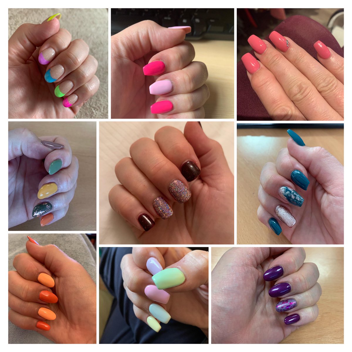 kazhardwick's tweet image. Forgot to post last week Christmas nails. Shorter to be more practical at a busy time. Plus a collage of nails from this year since salons reopened. #gelnails #nailart #noextensions