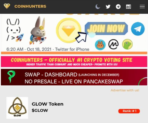 GlowTokenLLC's tweet photo. 🙌Our amazing ✨GLOW✨ community voted us to the top!!! GLOW is #1⃣ on COINHUNTERS!
🙌🙏💪Thank you ❤️GLOW FAM for helping to vote each day and helping us to gain a presence on all the crypto charts!
https://t.co/PHoPPPqbBy
#GLOWTOKEN #CryptoDeFi #BSCGem #DoxxedTeam #GLOWCAST https://t.co/GhHpRfkHOJ