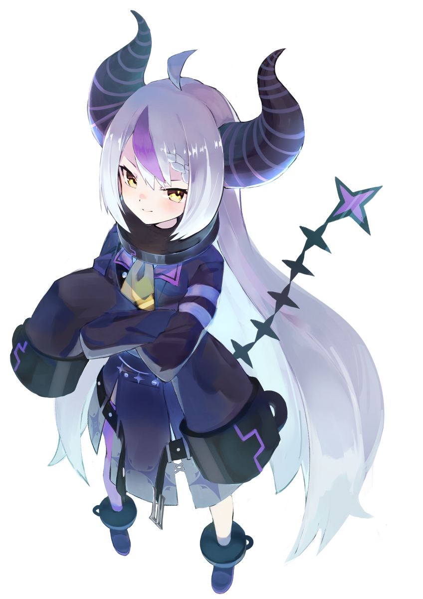 la+ darknesss 1girl horns solo long hair striped horns yellow eyes purple hair  illustration images