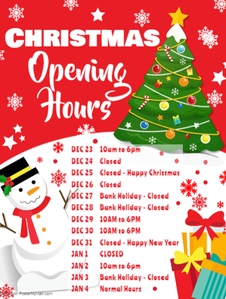 Christmas hours for 2021 .
Thank you to all our amazing customers for making 2021 a great year. Here's to 2022