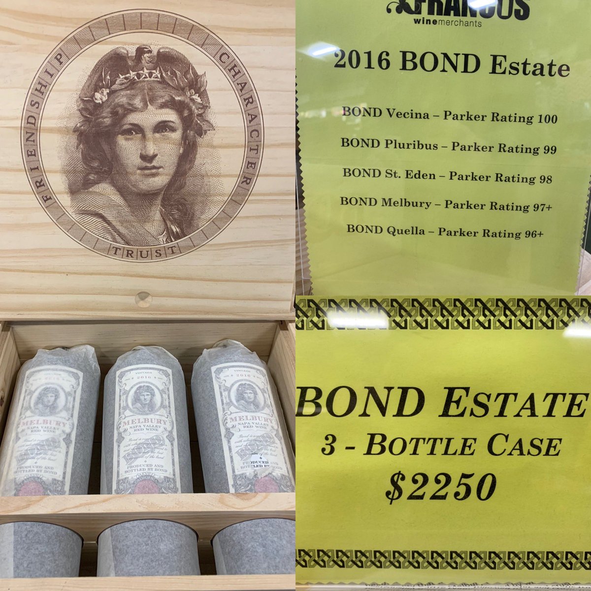 BOND Estate – Vacina, Pluribus, St. Eden, Melbury, Quella – the perfect gift for the Wine Collector on your gift list.
3 –Bottle Wooden presentation case $2250

#NapaValley #Napa #Bond #BondEstate #Harlan  #Holiday Gifts #CabernetSauvignon
