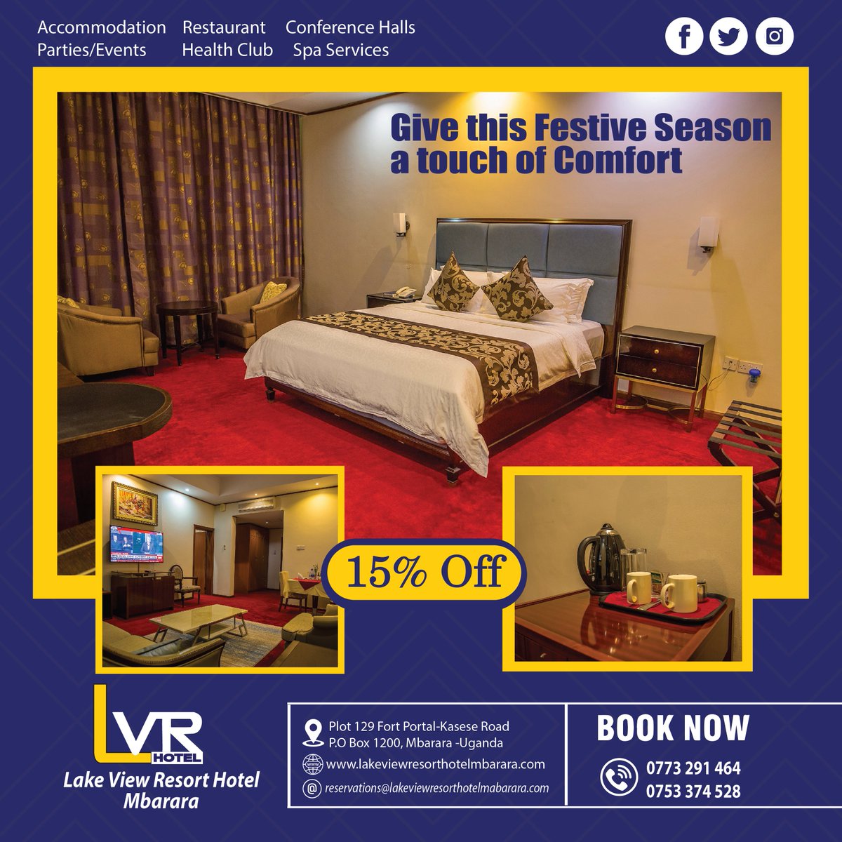 LakeViewHotelUG's tweet photo. Give this Festive Season a Touch of Comfort. Think #LakeViewResortHotelMbarara
Every package of accommodation comes with Bed, Breakfast, Internet, Parking and Health Club.
BOOK NOW; 0773291464 / 0753374528
#Staycation2021 #FestiveSeason #Christmas2021 https://t.co/pY4UVOU1Pr