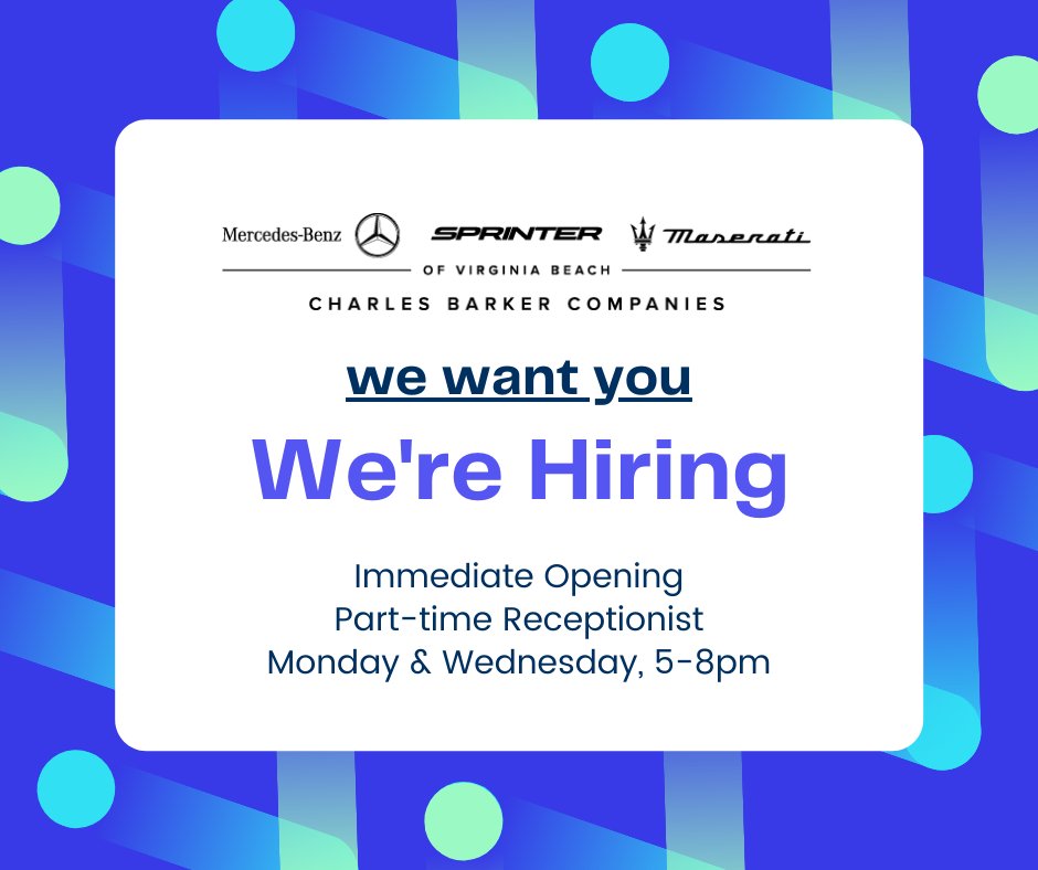 MaseratiofVB's tweet photo. Immediate opening in Virginia Beach for a part-time receptionist, Mon &amp; Wed, 5-8 pm. Fast-paced environment with multi-task responsibilities Must be able to work Holidays when the store is open. Email resume to trhoden@charlesbarker.com or apply online https://t.co/jzKAGtd3Uq https://t.co/3SyKPLns8C