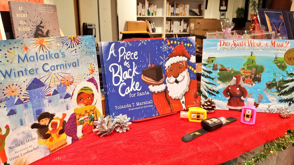 ADFRNTBooklist's tweet photo. 📚❄HOLIDAY COUNTDOWN: 5 Days until Christmas, 6 until #Kwanzaa! For last minute 🎁ideas check these seasonal titles feat. Caribbean characters &amp; traditions. New to our stock: Local author @ChesandGregory's DID SANTA WEAR A MASK? with stylish hand sanitizer wristbands ($6 ea.)📚 https://t.co/PawooACwQf