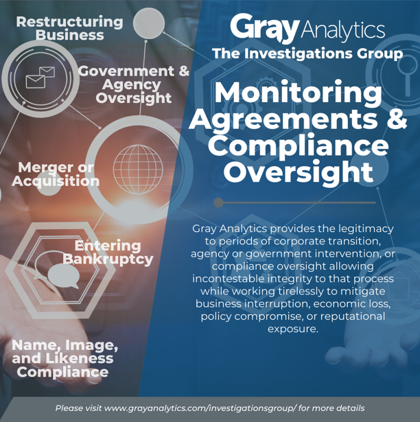 Gray_Analytics's tweet photo. Our network of lawyers, former federal and state investigators, compliance analysts, and cyber experts provide a unique blend of skill and proficiency to assist with monitoring agreements and compliance oversight.
#GrayAnalytics #monitoring #compliance #oversight https://t.co/BiEvMpHry0
