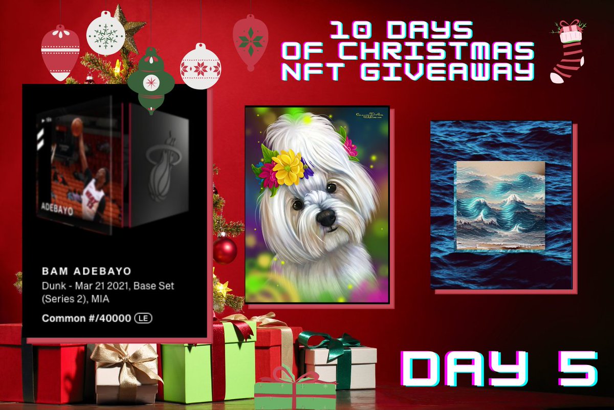 🎁🎁🎁 10 DAYS OF CHRISTMAS: NFT GIVEAWAY! - DAY 5 🎁🎁🎁

Giving away: 
1x Bam Adebayo 40k (Series 2)
1x <a href="/NftShowroom/">NFT Showroom</a> Maltese NFT
1x Promowaves #OpenseaNFT

✅ Like + RT
✅ Follow @thejensenart &amp; <a href="/JeanlucSR/">Jean-luc van Charante</a>
✅ Tag 2 friends 👇

#NFT #Giveaway #NBATopShot