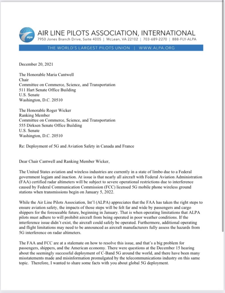 krisvancleave's tweet photo. “The FAA and FCC are at a stalemate on how to resolve this issue, and that’s a big problem for passengers, shippers, and the American economy,”The pilots’ union @ALPAPilots writes in a letter re-5G concerns to the top Senators on Commerce @SenatorCantwell and @SenatorWicker https://t.co/FEUqIqKr0U